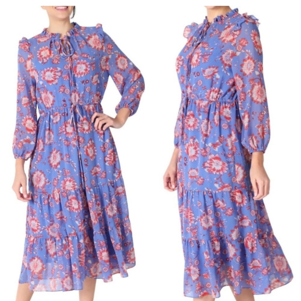 Julia Jordan Blue Floral Chiffon Longsleeve Midi Dress Sz 10 Bohemian Casual